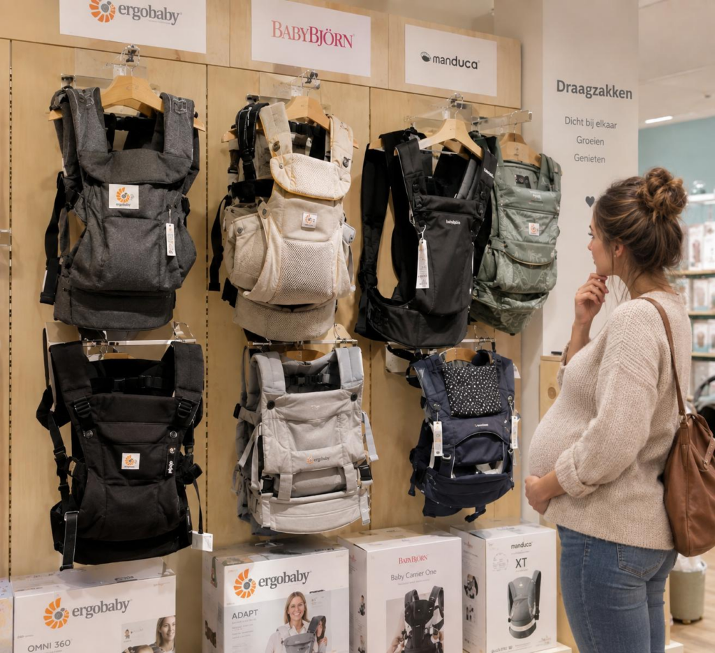 Verschillende draagzakken aan de muur in een winkel